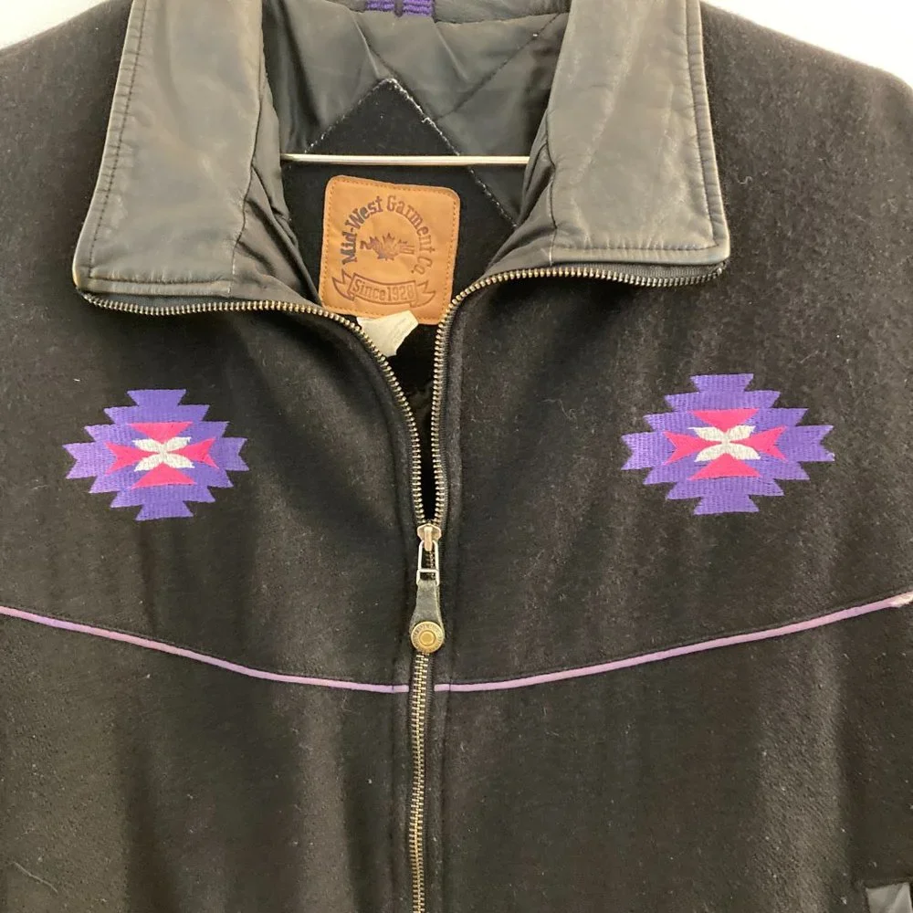 Black Wool Leather Bomber Vtg Jacket Southwest Graphic made in Canada - Picture 3 of 16